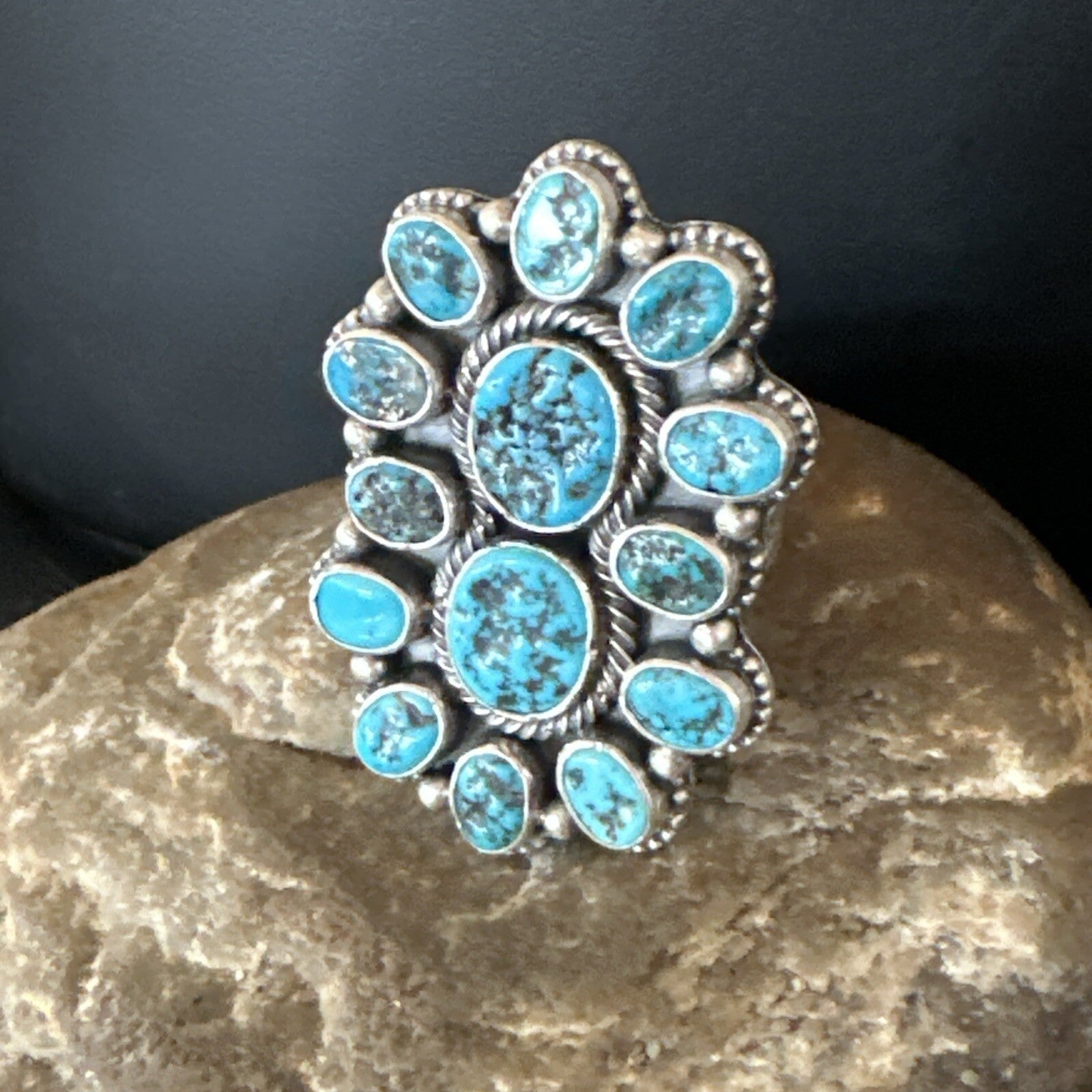 Navajo Cluster Blue Kingman Turquoise Sterling Silver Adjustable Ring Sz 7 18794
