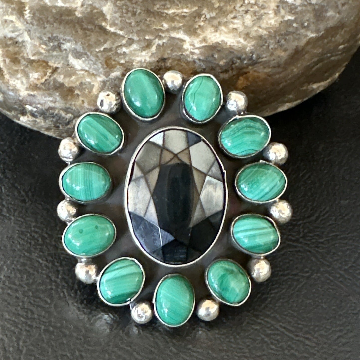 Green Malachite Quartz Navajo Sterling Silver Cluster Ring Size 10.5 18399