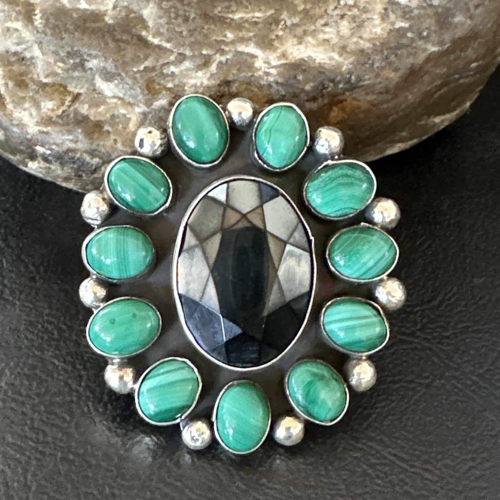 Green Malachite Quartz Navajo Sterling Silver Cluster Ring Size 10.5 18399