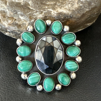 Green Malachite Quartz Navajo Sterling Silver Cluster Ring Size 10.5 18399