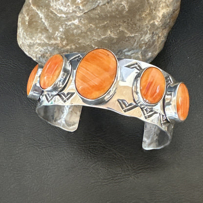 Orange Spiny Oyster 5 Stone Row Sterling Silver Navajo Cuff Bracelet 7.7" 19475