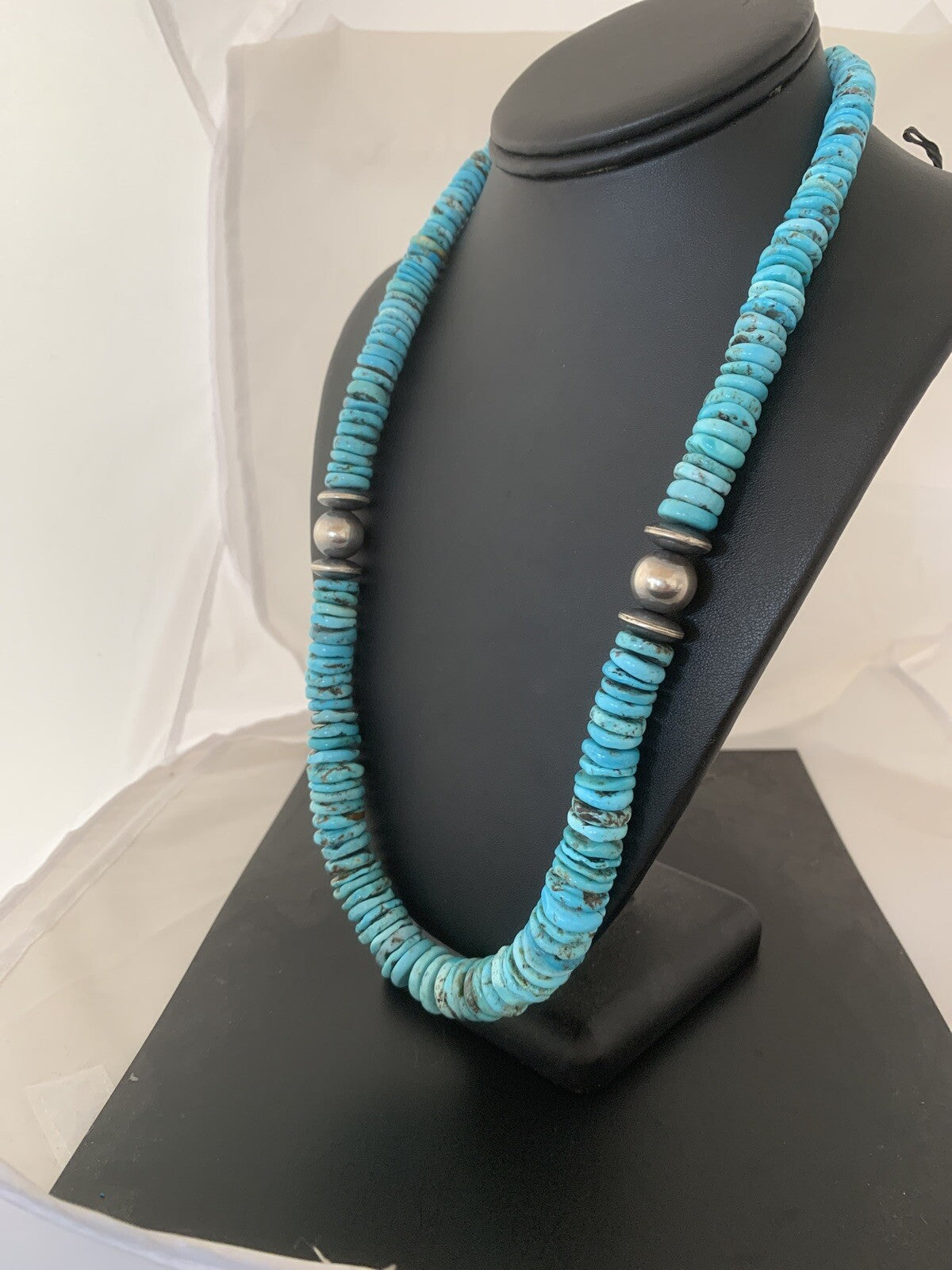 Blue Turquoise Graduated Navajo Pearls Sterling Silver Necklace 25" 00602