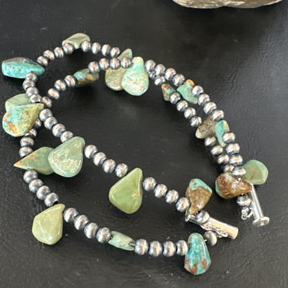Navajo Sterling Silver Beads Green Turquoise Teardrop Bracelet 2S 7.5" 15259