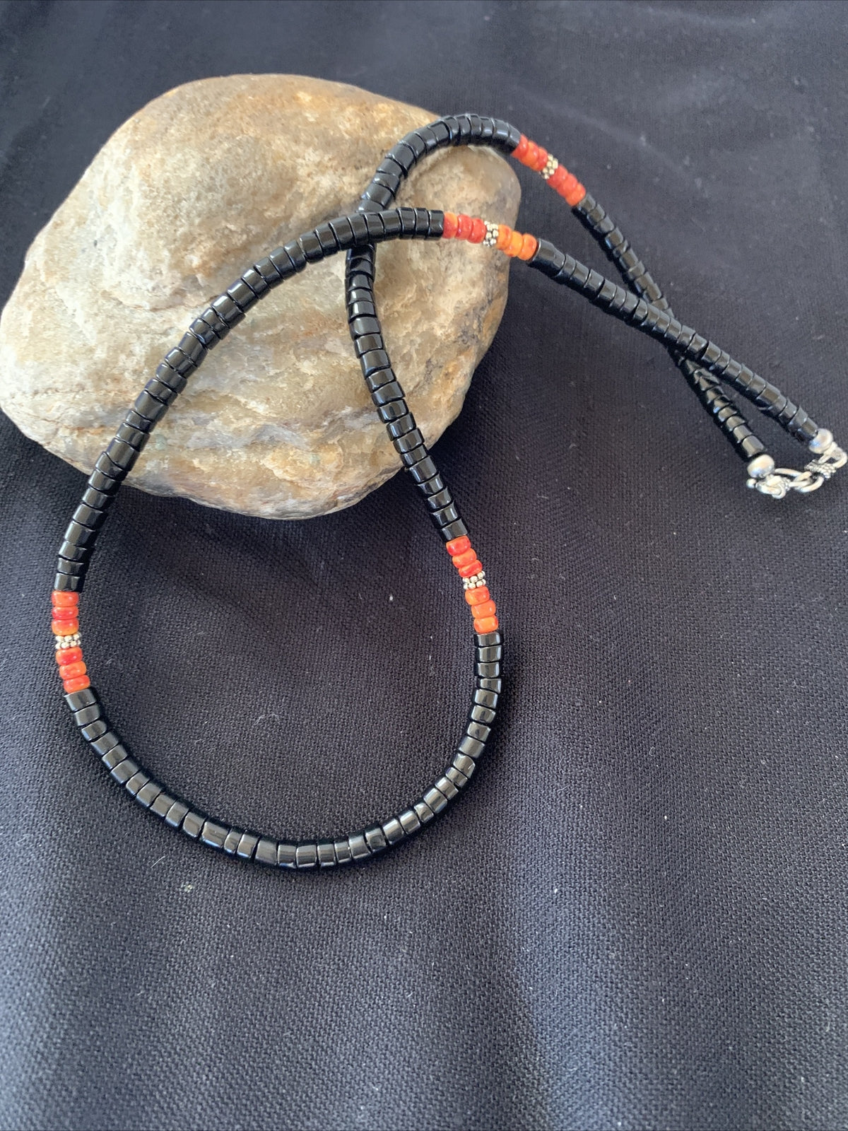 Mens Spiny Oyster & Onyx Heishi Navajo Pearls Sterling Silver Necklace 1391