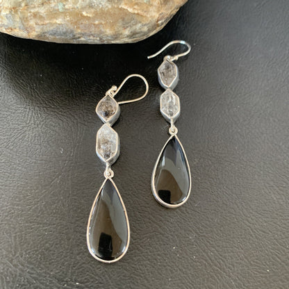 Black Onyx & Quartz Navajo Sterling Silver Dangle Earring 2" 12086