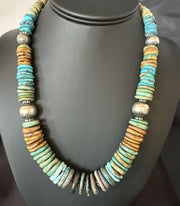 Blue Green Turquoise Navajo Beads Necklace 20" | Sterling Silver | Authentic Native American Handmade | 19176