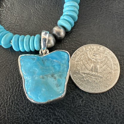 Blue Kingman Turquoise 2 Sided Pendant Navajo Sterling Native Necklace 20" 19517