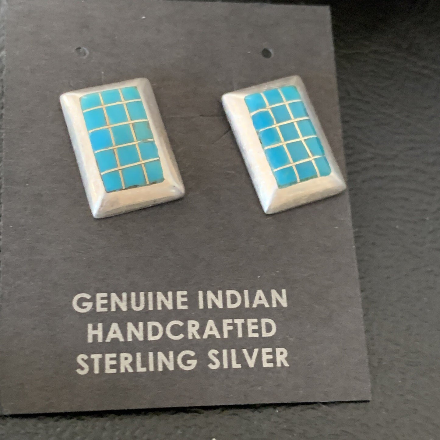 Blue Turquoise Inlay Navajo Sterling Silver Dangle Post Earrings 0.5" 12749