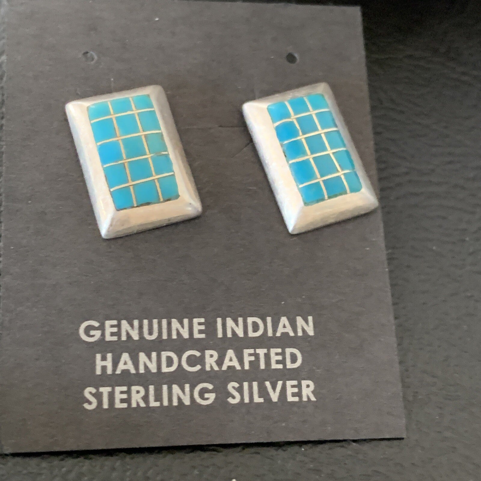 Blue Turquoise Inlay Navajo Sterling Silver Dangle Post Earrings 0.5" 12749