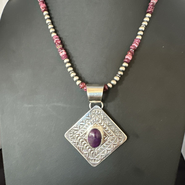 H Joe Purple Spiny Oyster Pendant Navajo Necklace | Sterling Silver | Authentic Native American Handmade | 19483