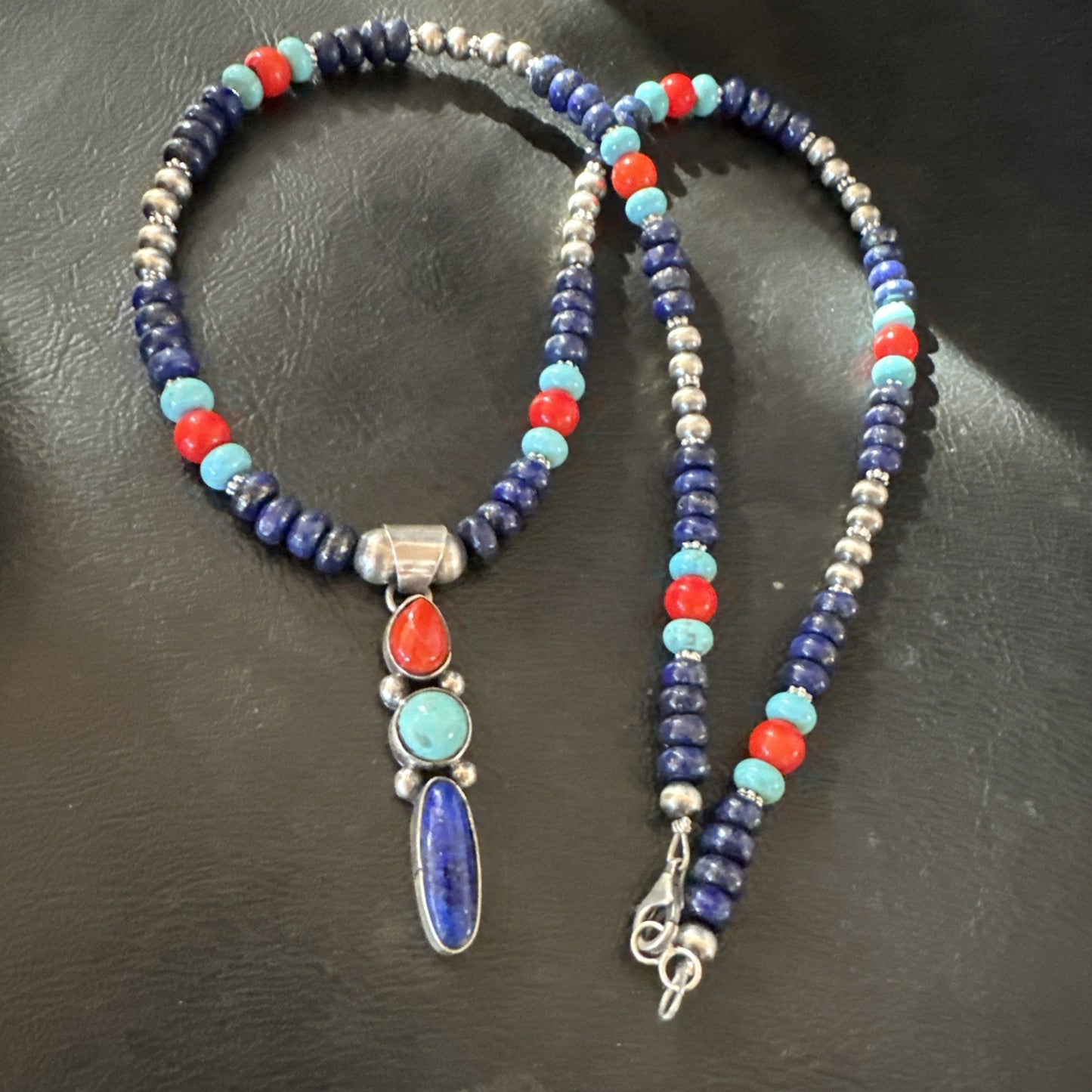 Multicolor Turquoise Spiny Navajo Sterling Silver Cluster Pendant Necklace 19647