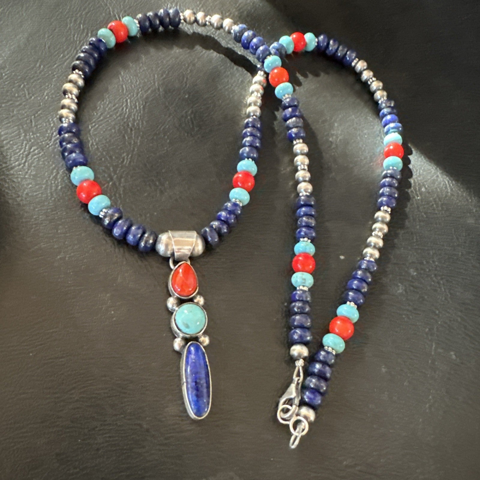 Multicolor Turquoise Spiny Navajo Sterling Silver Cluster Pendant Necklace 19647