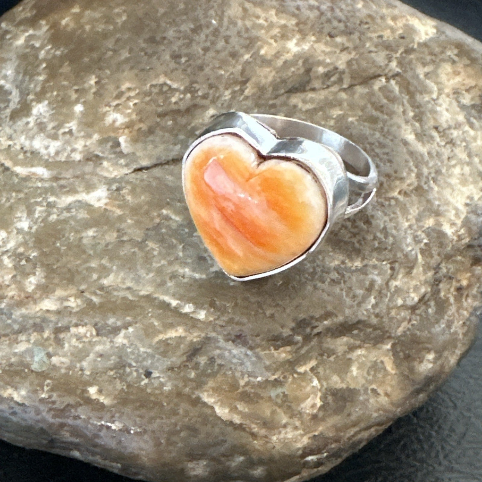 Orange Heart Ring Handmade Navajo Spiny Oyster Sterling Silver Sz 8 19327
