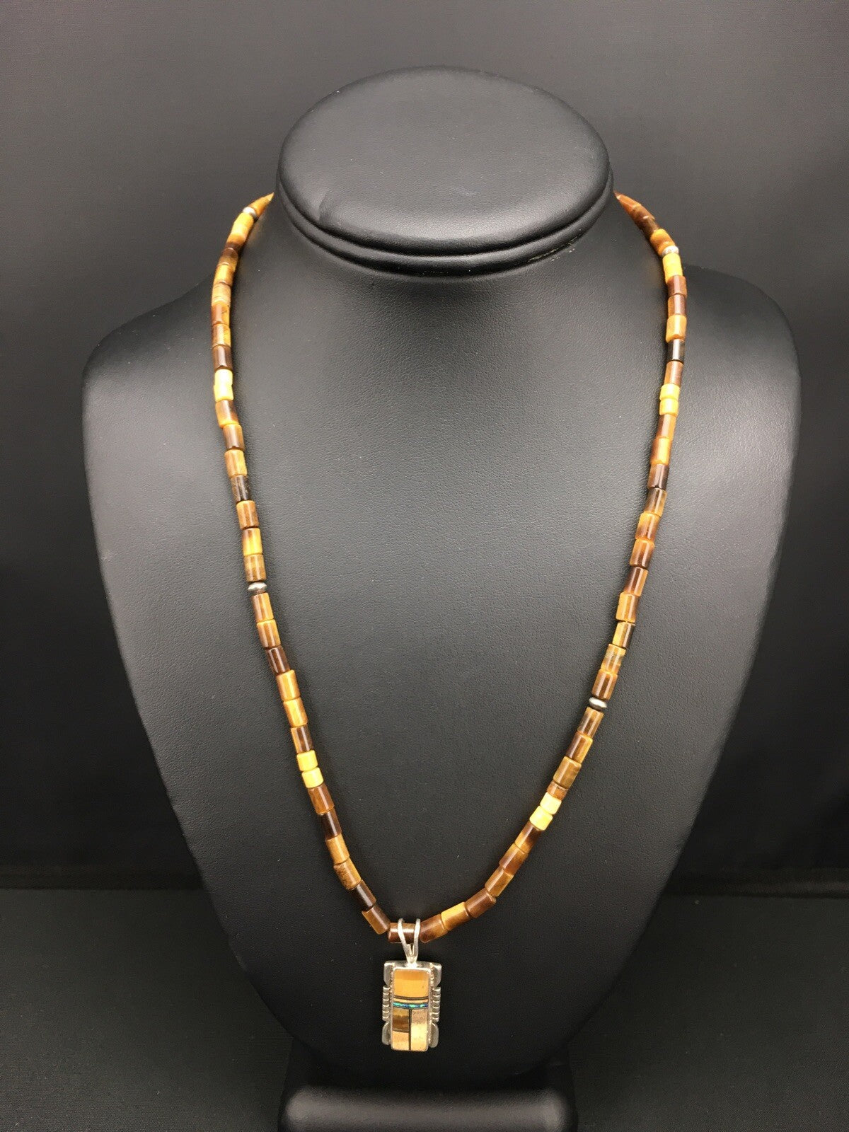 Native Tiger's Eye Inlay Pendant Navajo Sterling Silver 21" Necklace 4895