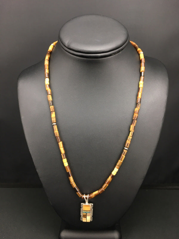 Tiger's Eye Inlay Pendant Navajo 21"Necklace | Sterling Silver | Authentic Native American Handmade | 4895