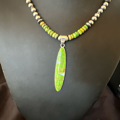 WoMens Green Gaspeite Turquoise Opal Pendant Sterling Silver Necklace 18666