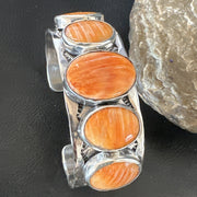 Stamped Orange Spiny Oyster Navajo 5 Stone Cuff Bracelet | Sterling Silver | Authentic Native American Handmade | 17942
