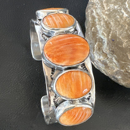 Stamped Orange Spiny Oyster Navajo Sterling Silver 5 Stone Cuff Bracelet 17942