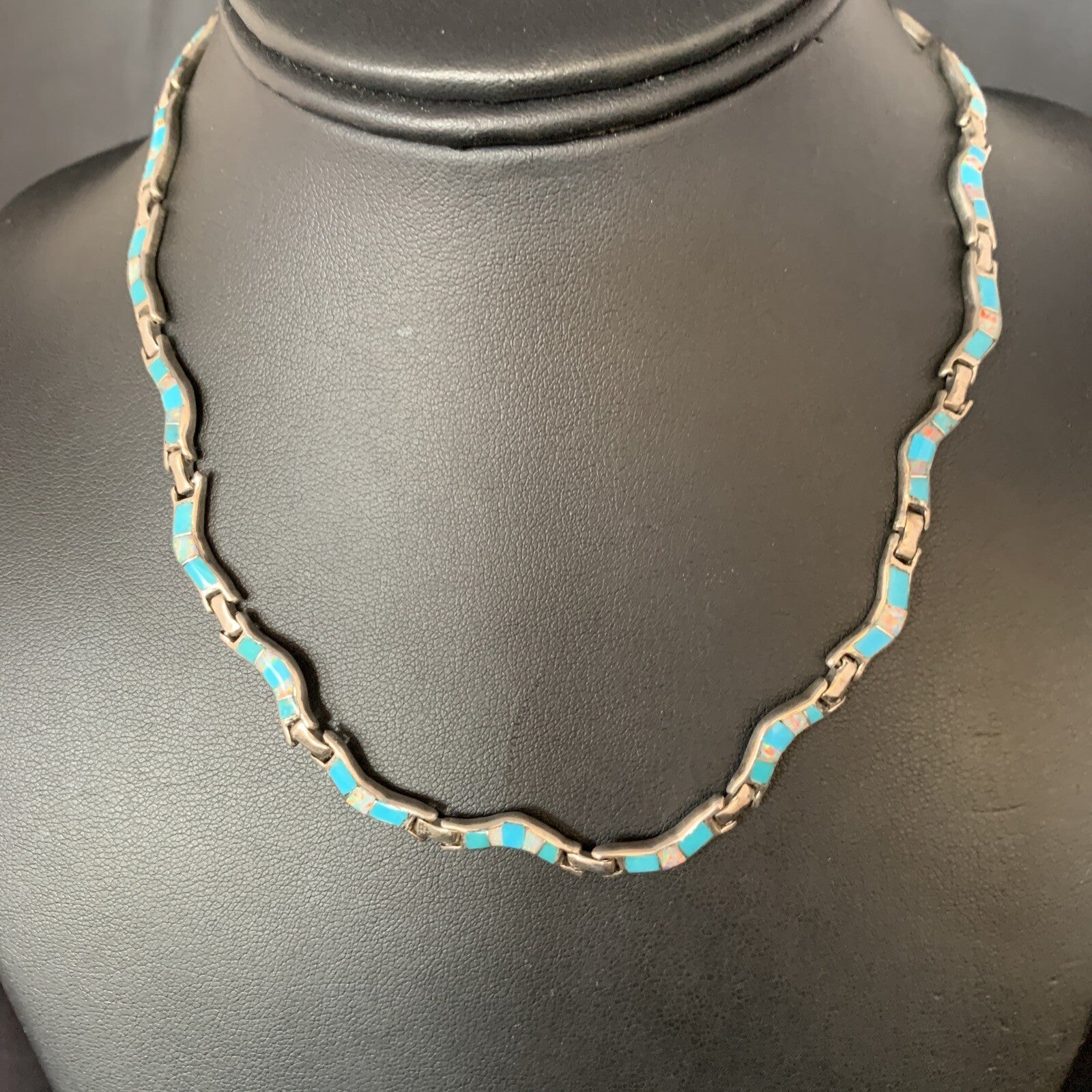 Blue Kingman Sterling Silver Necklace Turquoise Opal Inlay Pendant 16" 13590