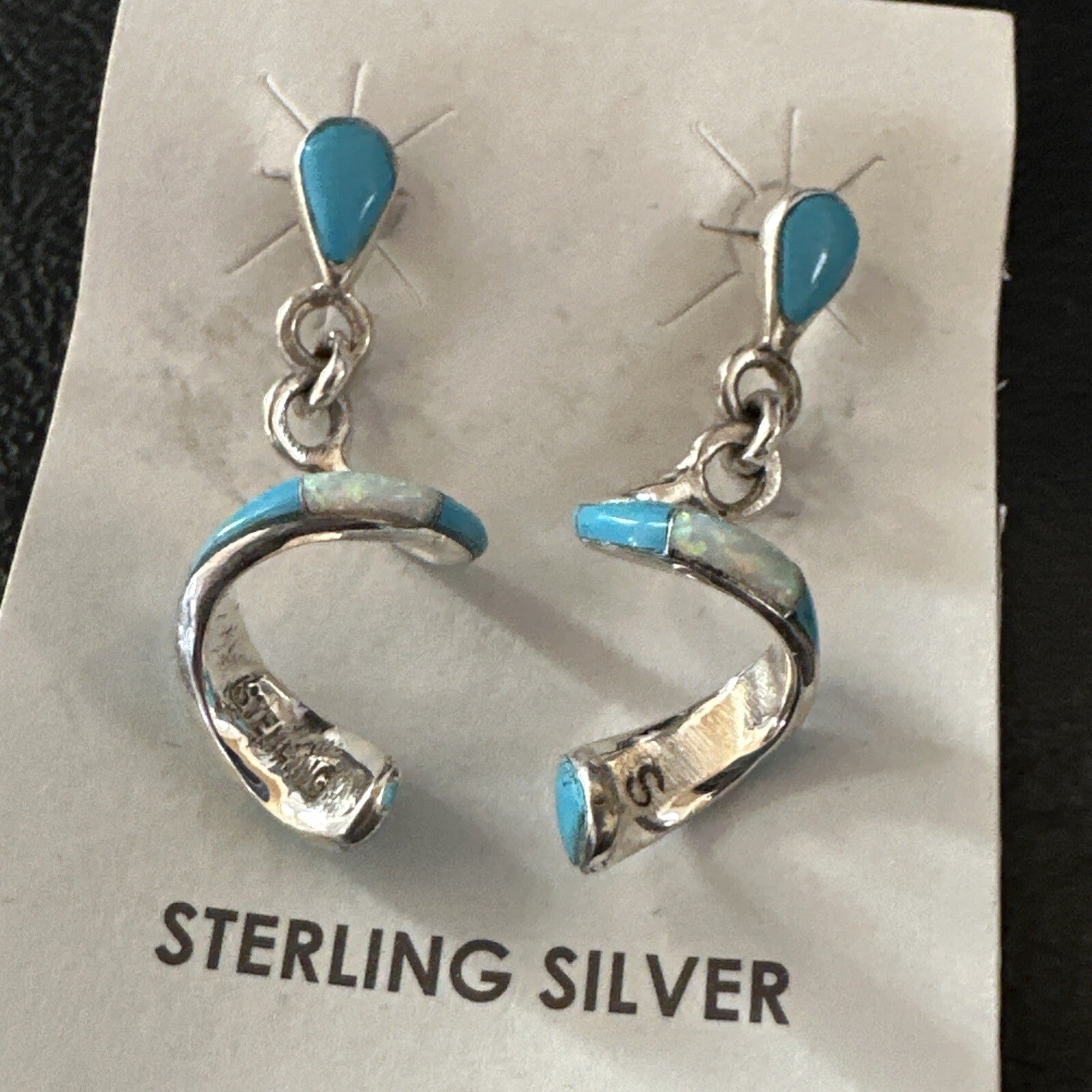 Blue Turquoise Opal Inlay Swirl Navajo Sterling Earrings 1.25" 18751