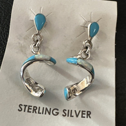 Blue Turquoise Opal Inlay Swirl Navajo Sterling Earrings 1.25" 18751