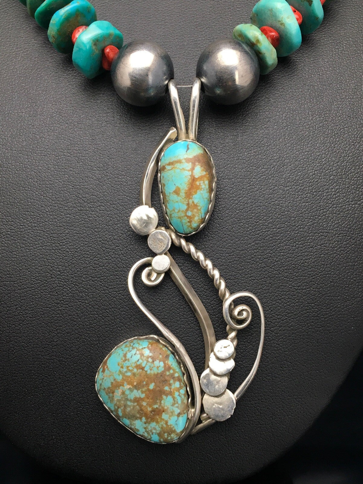 Turquoise #8 & Spiny Oyster Pendant Navajo Sterling Silver Necklace 22" 02635