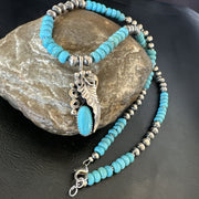 Men's Feather Turquoise Pendant Navajo Necklace | Sterling Silver | Authentic Native American Handmade | 18061