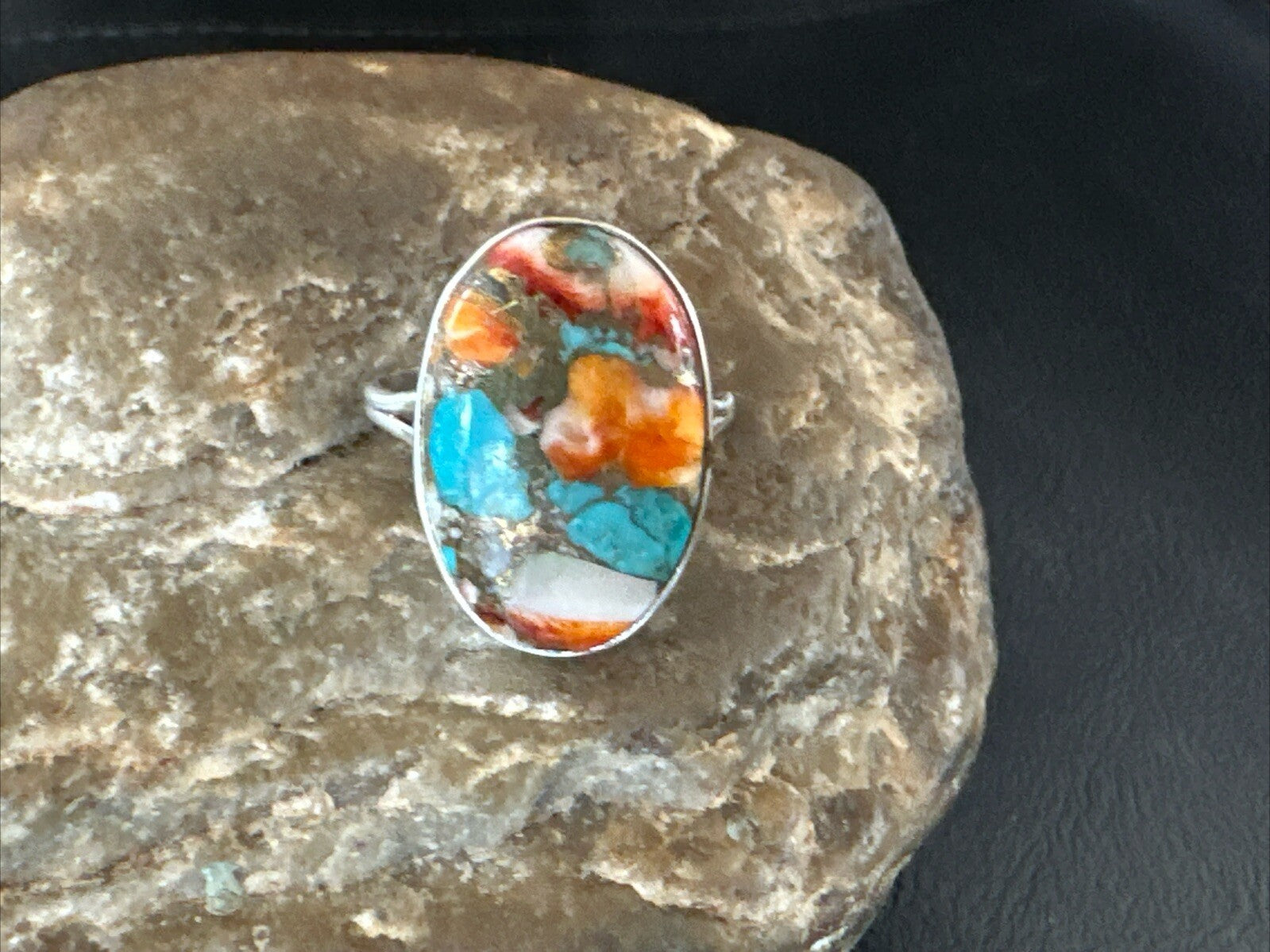 Blue Turquoise Orange Spiny Oyster Navajo Sterling Silver Ring Size 10 18207