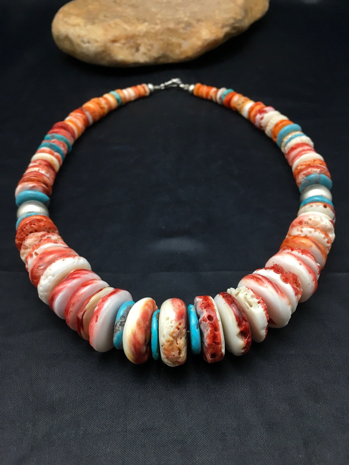 Native Spiny Oyster Graduated Necklace Navajo Sterling Silver 20" 4177