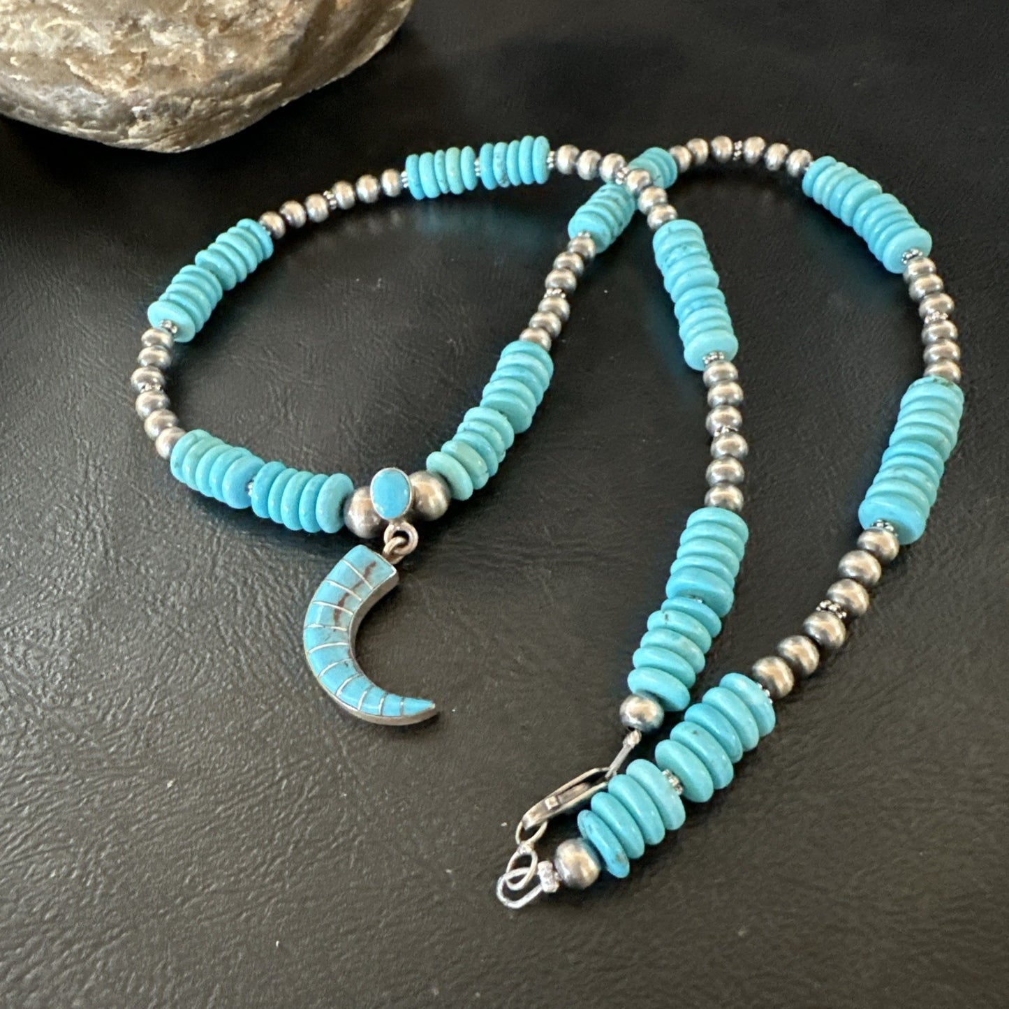 Blue Turquoise Inlay Pendant Navajo Sterling Silver Necklace 19515