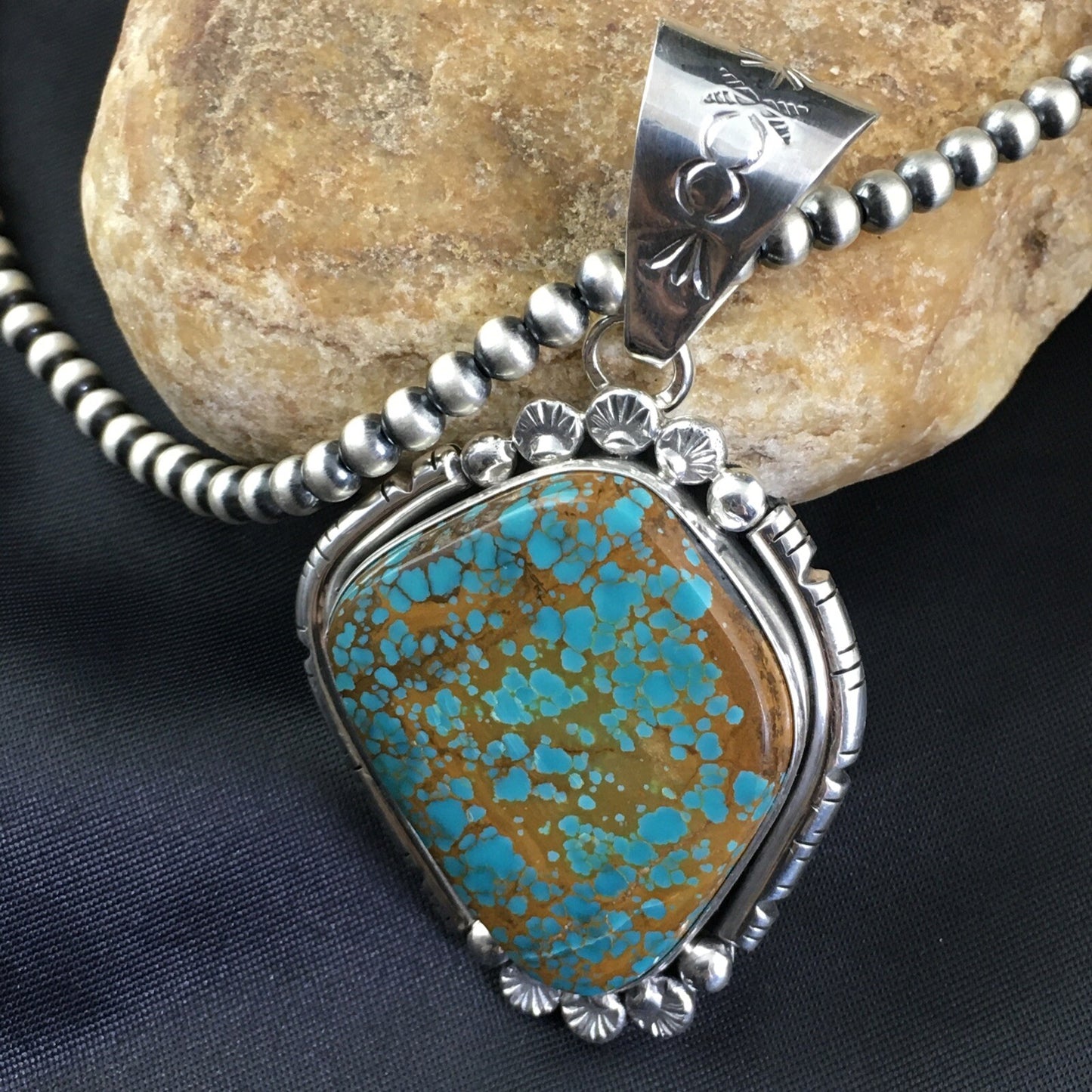 Blue Turquoise#8 Pendant Navajo Pearls Sterling Silver Necklace 17960