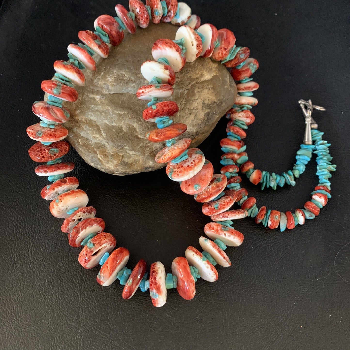 Womens Blue Turquoise & Red Spiny Oyster Navajo Sterling Silver Necklace 00114