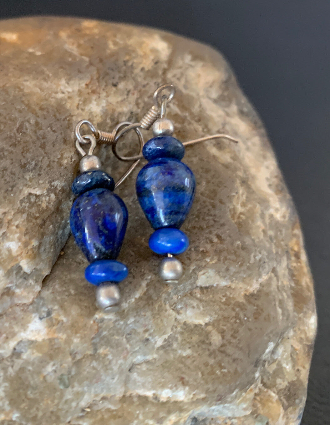 Blue Lapis Lazuli Bead Navajo Sterling Silver Dangle Earrings 1712