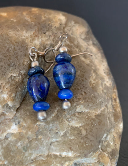 Blue Lapis Lazuli Bead Navajo Sterling Silver Dangle Earrings 1712