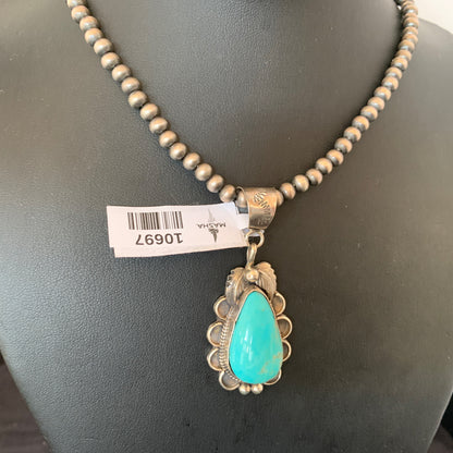 Mens Blue Kingman Turquoise Pendant Navajo Pearls Sterling Necklace 10697N