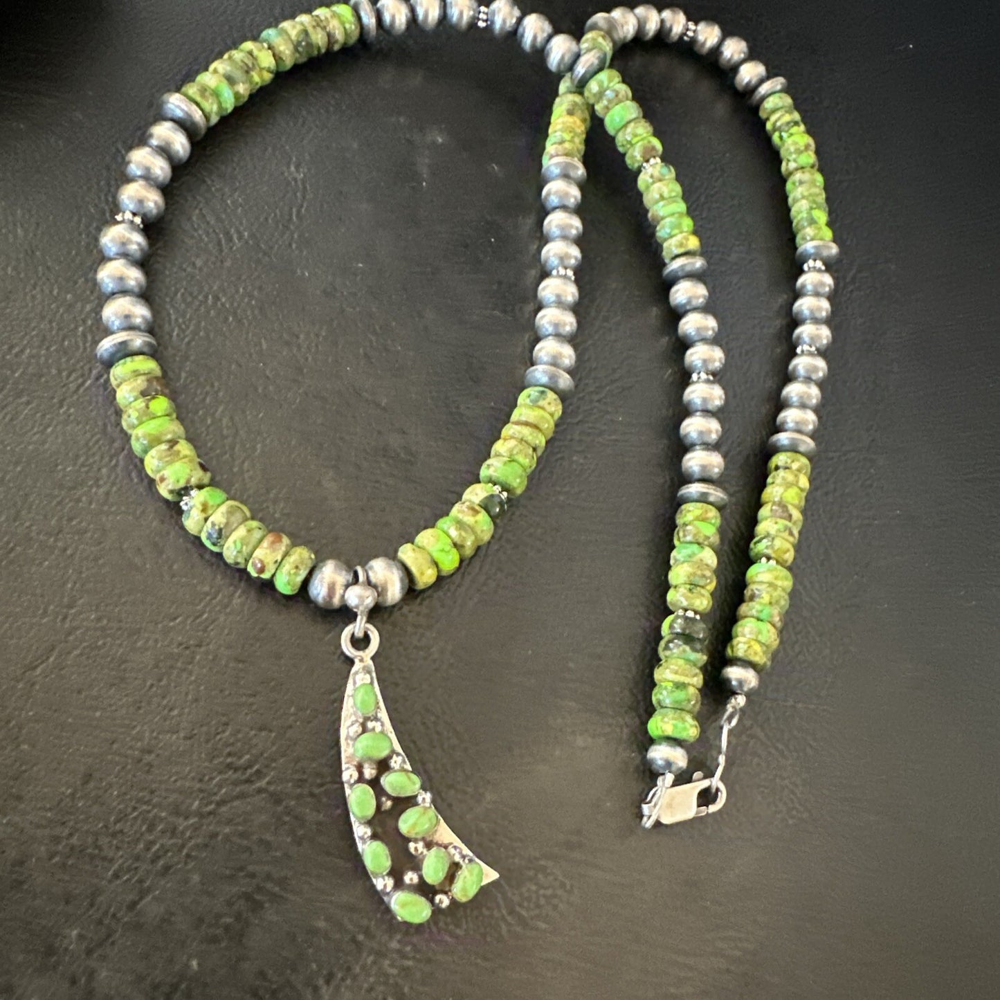 Womens Green Gaspeite Turquoise Pendant Navajo Sterling Silver Necklace 18369