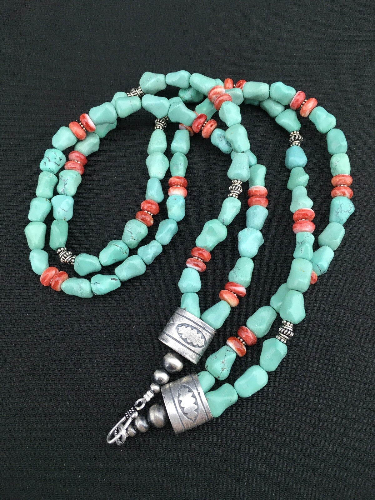Native Turquoise Spiny Sterling Silver Nugget Bead 2 Strands Necklace 22" 01352