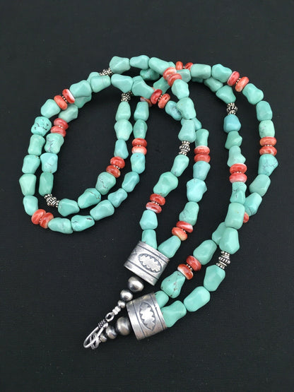Native Turquoise Spiny Sterling Silver Nugget Bead 2 Strands Necklace 22" 01352