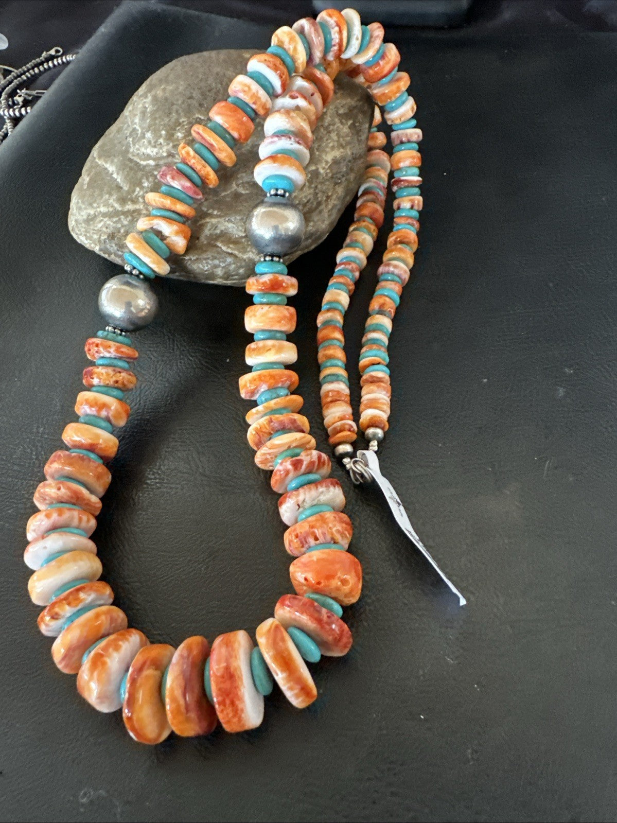 30" Spiny Oyster Turquoise Graduated Navajo Pearl Sterling Silver Necklace 19419