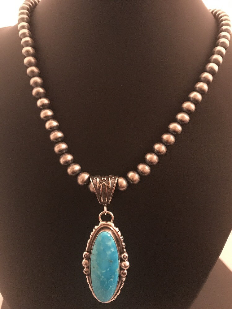 Yazzie Blue Turquoise 2.5" Pendant Navajo Pearls Sterling Silver Necklace 3232