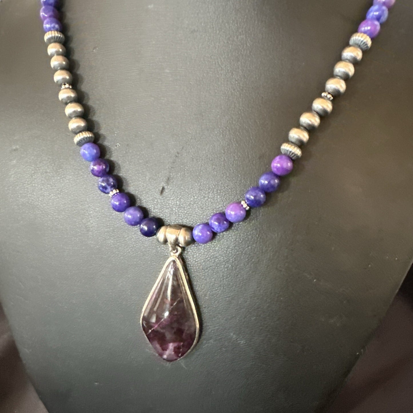 Purple Stone Pendant Navajo Pearls Sterling Silver Necklace 23" 17892