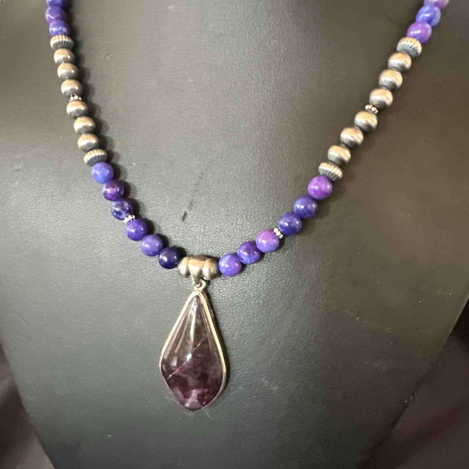Purple Stone Pendant Navajo Pearls Sterling Silver Necklace 23" 17892