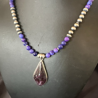 Purple Stone Pendant Navajo Pearls Sterling Silver Necklace 23" 17892