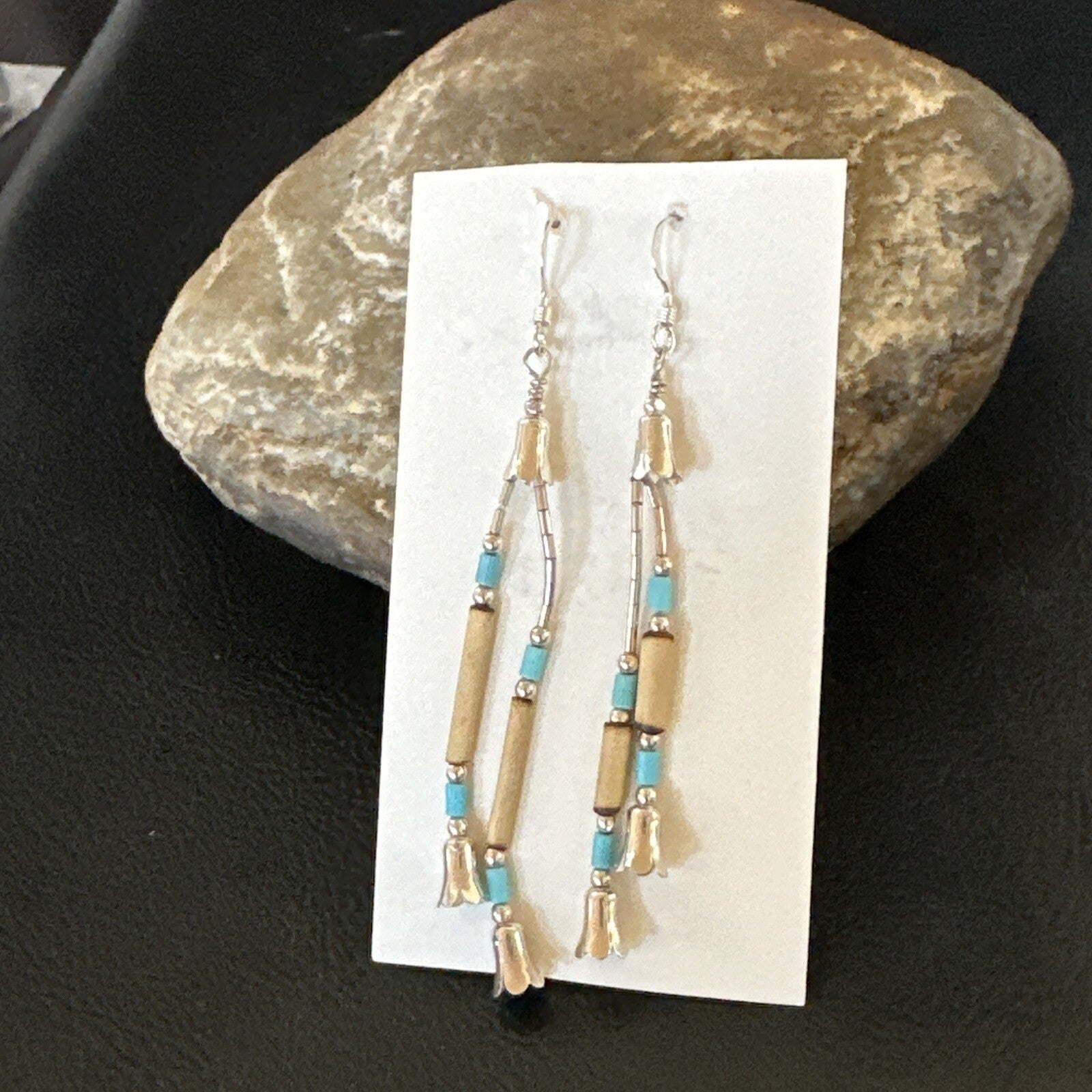 Blue Turquoise Shell Heishi Liquid Sterling Silver Dangle Bead Earrings 17934