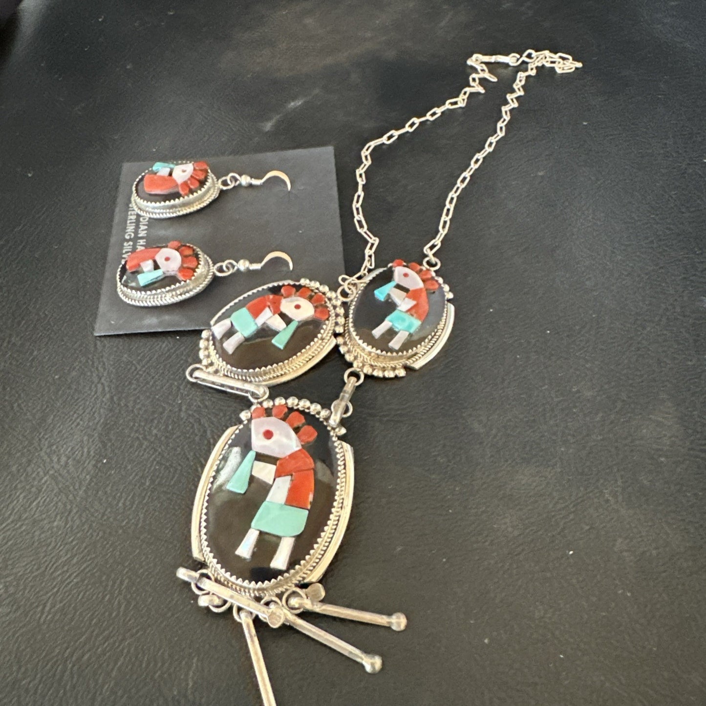 Kokopelli Turquoise Coral Zuni Inlay Sterling Silver Necklace Earrings 19078 Set