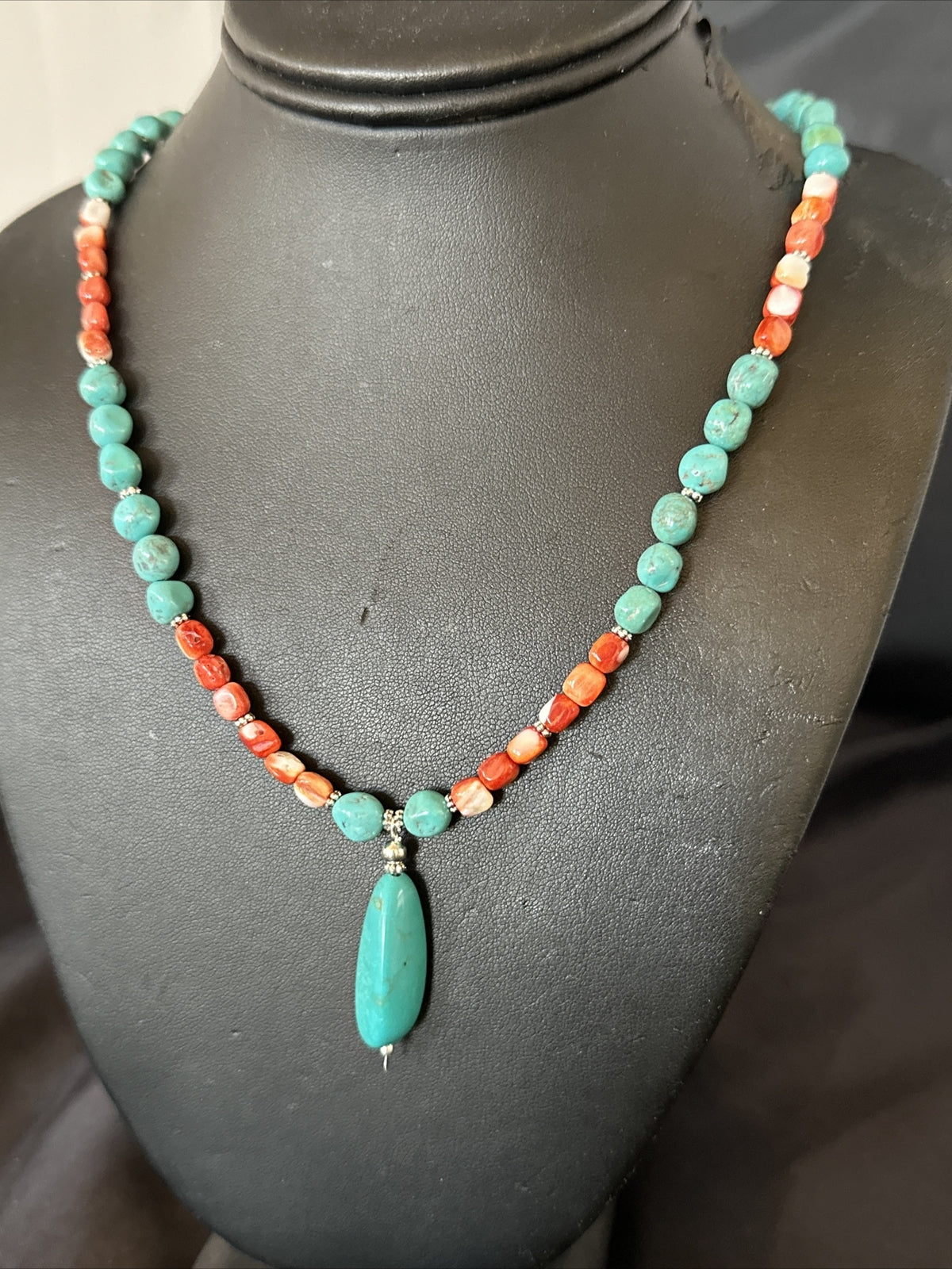 Red Spiny Oyster Blue Turquoise Navajo Sterling Silver Necklace 17954