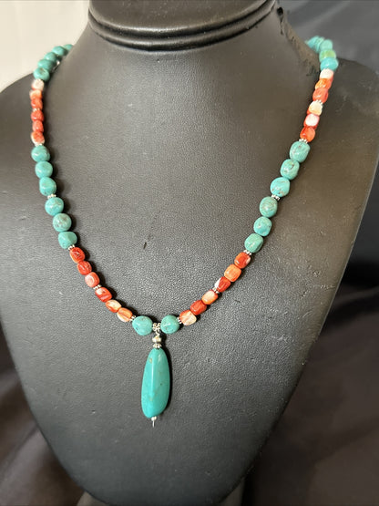 Red Spiny Oyster Blue Turquoise Navajo Sterling Silver Necklace 17954