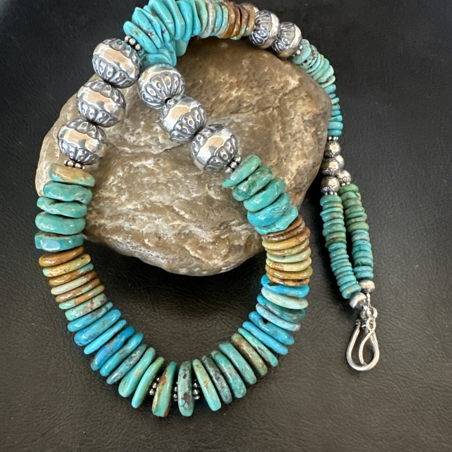 WoMens Blue Green Turquoise Navajo Sterling Silver Necklace 24” 19493