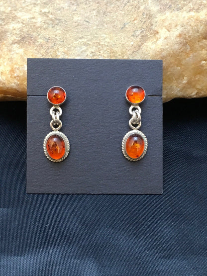 Native American Navajo Sterling Silver Gold Amber Dangle Earrings 13104
