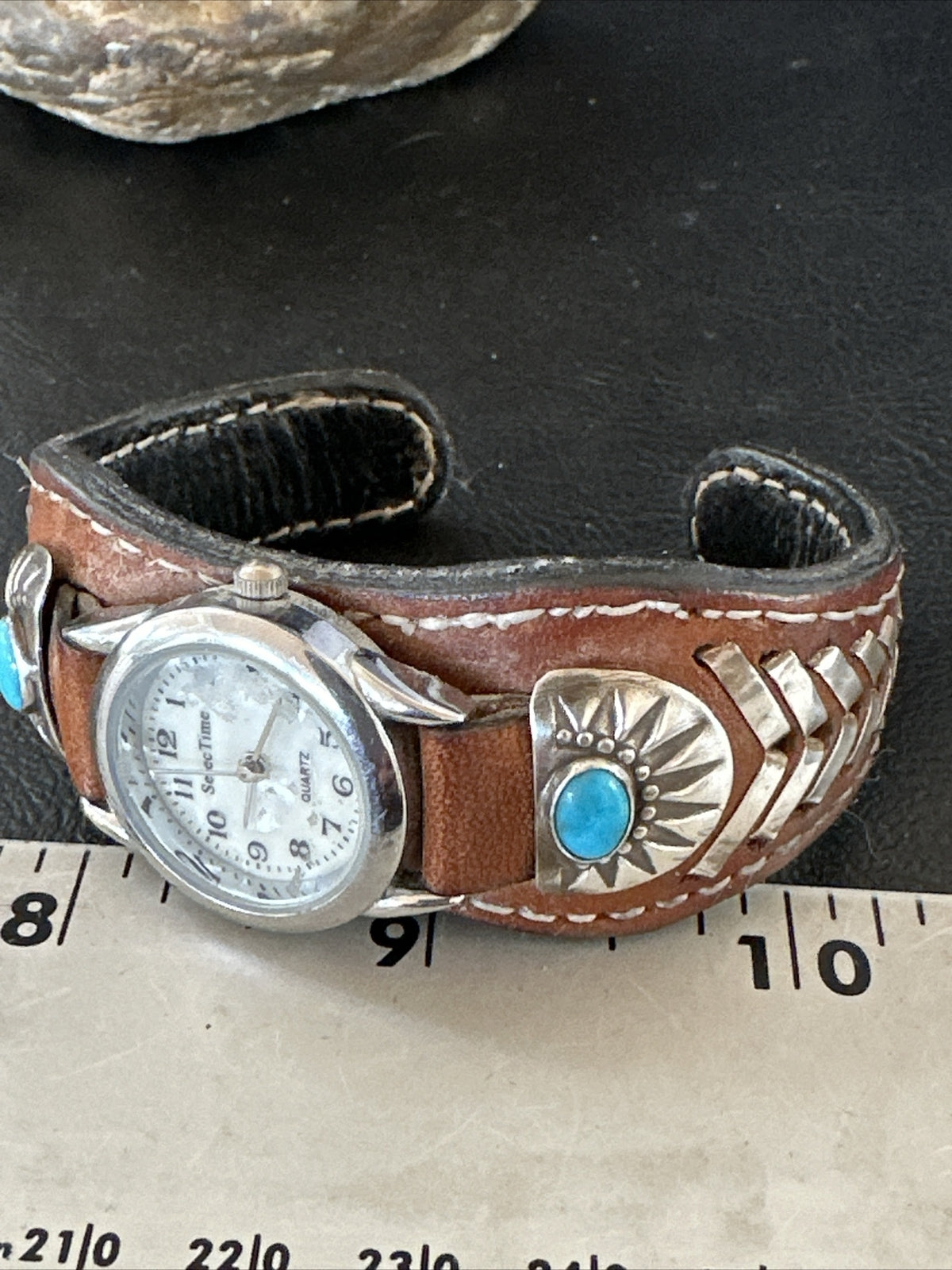 Womens Blue Turquoise Navajo Sterling Silver Cuff Watch Leather Bracelet 17736